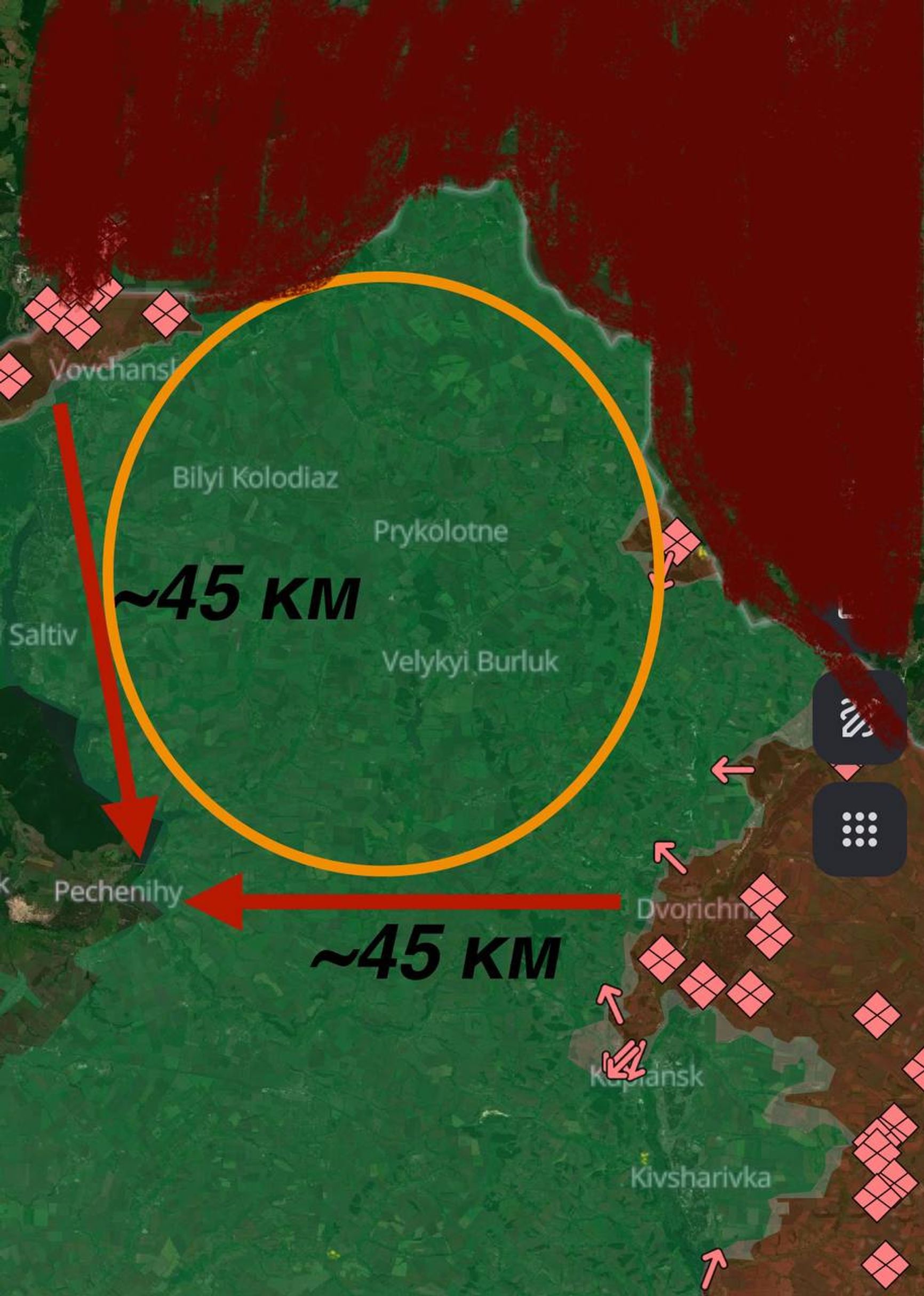 Зона активности российских БПЛА на подконтрольной ВСУ территории Харьковской области